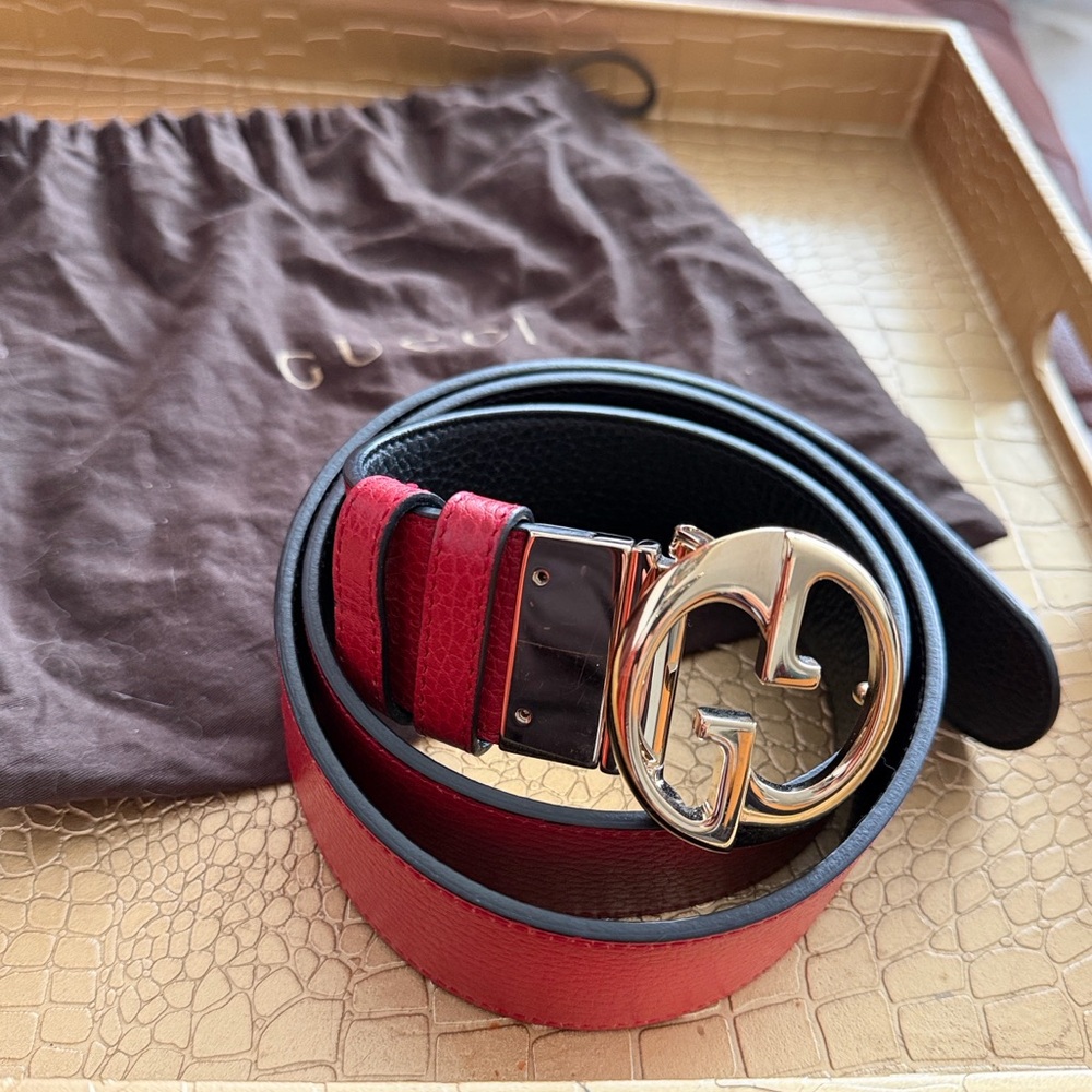 GUCCI Reversible Red/Blk Logo GG Gold Hardware Leather Peg Buckle Belt 90/36 - Picture 14 of 14